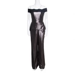 Roland Mouret Metallic Jacquard Off Shoulder Danielson Peplum Jumpsuit L For Women