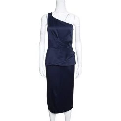 Roland Mouret Navy Blue Satin Half Peplum Anerley One Shoulder Dress L For Women