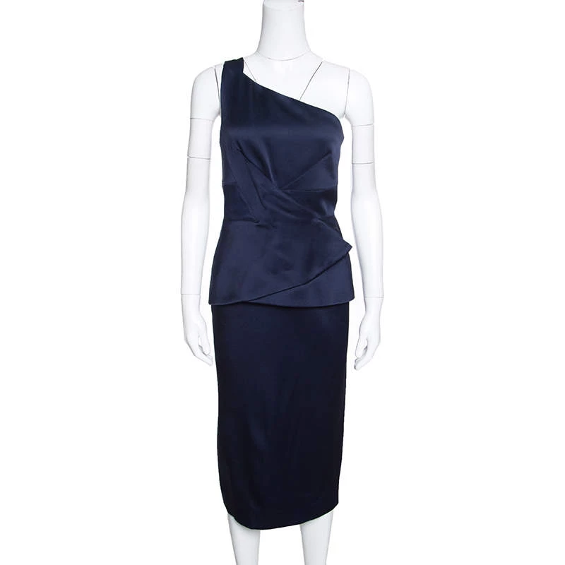 Roland Mouret Navy Blue Satin Half Peplum Anerley One Shoulder Dress L For Women 3 Roland Mouret Navy Blue Satin Half Peplum Anerley One Shoulder Dress L For Women