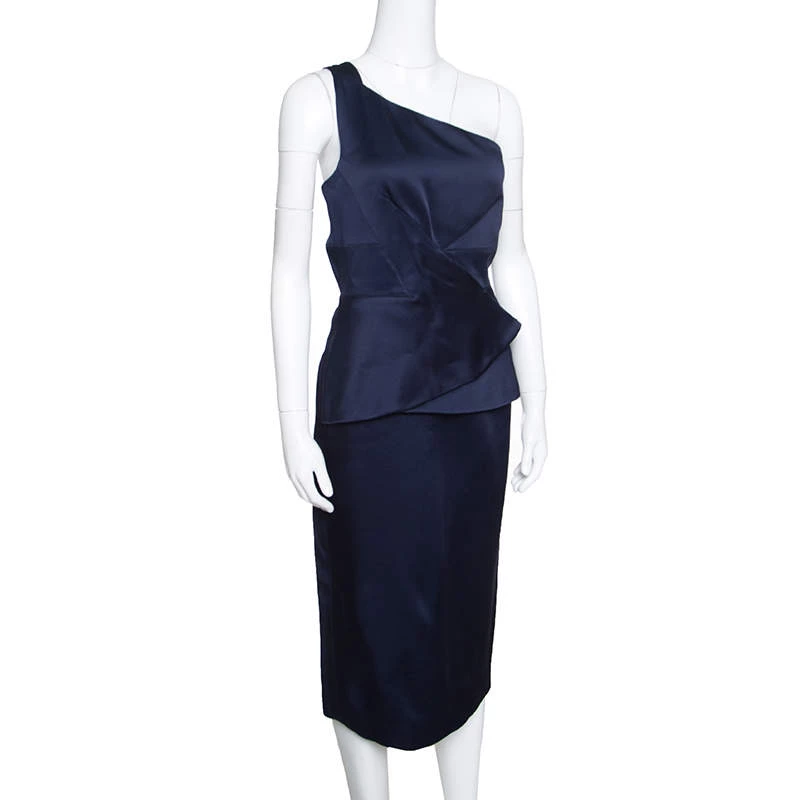 Roland Mouret Navy Blue Satin Half Peplum Anerley One Shoulder Dress L For Women 4 Roland Mouret Navy Blue Satin Half Peplum Anerley One Shoulder Dress L For Women - Image 2