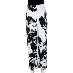 Roland Mouret Monochrome Printed Cloque Pleated Wide Leg Meltham Pants M For Women