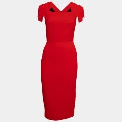 Roland Mouret Red Textured Wool Royston Cap Sleeve Dress M For Women
