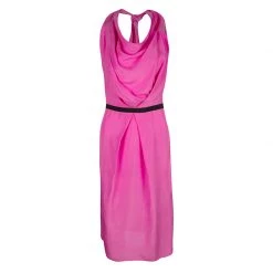 Roland Mouret Pink Silk Draped Cutout Back Contrast Tie Detail Sleeveless Dress M For Women