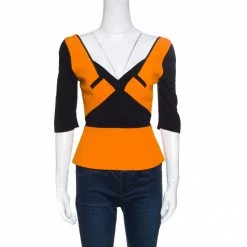 Roland Mouret Orange And Black Paneled Ajanta Peplum Top S For Women