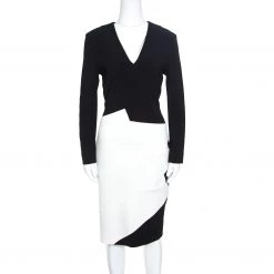 Roland Mouret Monochrome Wool Colorblock V Neck Shift Dress L For Women
