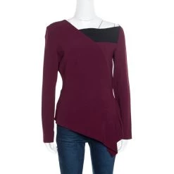 Roland Mouret Burgundy Contrast Trim Long Sleeve Asymmetric Top L For Women