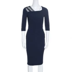 Roland Mouret Navy Blue Stretch Lace Detail Ingram Sheath Dress S For Women