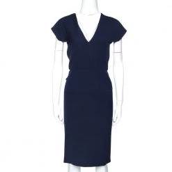Roland Mouret Navy Blue Wool Crepe Sheath Dress L For Women