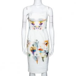Roland Mouret Cream Piora Printed Stretch Cotton Blend Dress M For Women