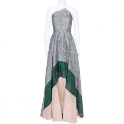 Roland Mouret Silver Crushed Organza Silk Panelled Strapless Lucia Gown M For Women