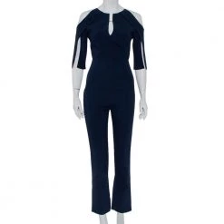 Roland Mouret Navy Blue Crepe Contrast Trim Cold Shoulder Jumpsuit S For Women