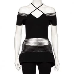 Roland Mouret Black Knit Mesh Inset Detailed Asymmetrical Peplum Top M For Women
