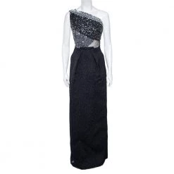 Roland Mouret Black Embellished Silk One-Shoulder Cocktail Gown M For Women