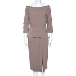 Roland Mouret Taupe Crepe Overlay Detailed Midi Dress L For Women