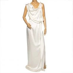 Roland Mouret Cream Textured Silk Draped Maxi Dress M For Women