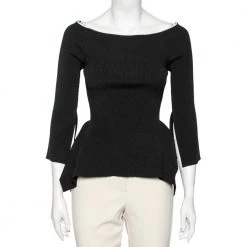 Roland Mouret Black Rib Knit Off Shoulder Long Sleeve Top M For Women