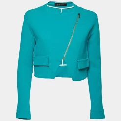 Roland Mouret Turquoise Blue Wool Zip Front Cropped Jacket M For Women