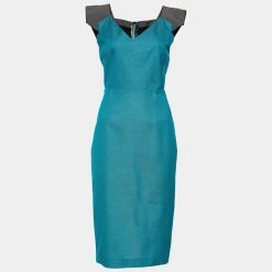 Roland Mouret Turquoise Blue Cotton & Wool Paneled Sheath Dress M For Women