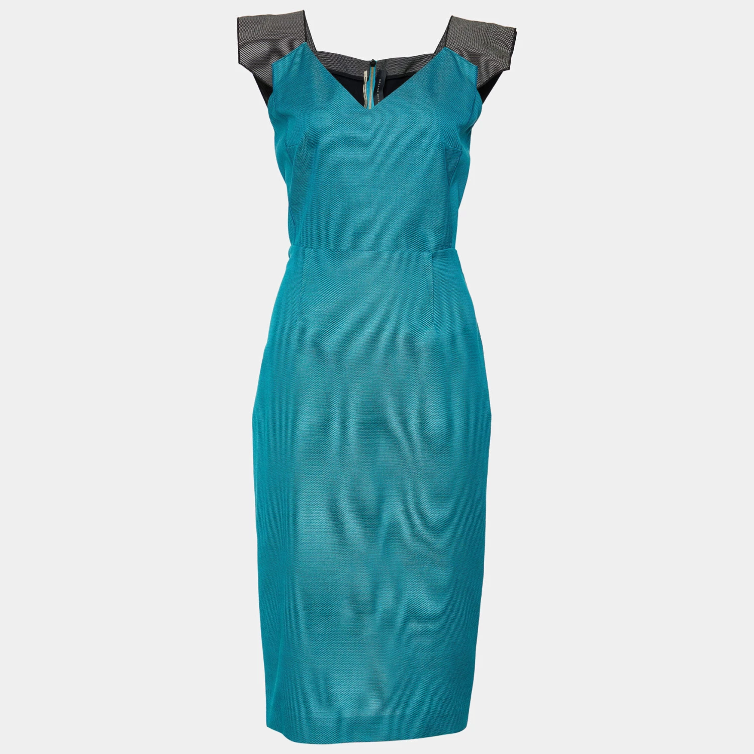Roland Mouret Turquoise Blue Cotton & Wool Paneled Sheath Dress M For Women 3 Roland Mouret Turquoise Blue Cotton & Wool Paneled Sheath Dress M For Women